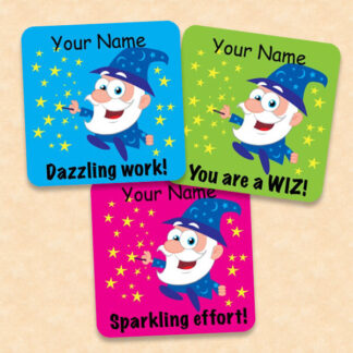 Personalised 25mm square wizard stickers for Teacher Stickers.