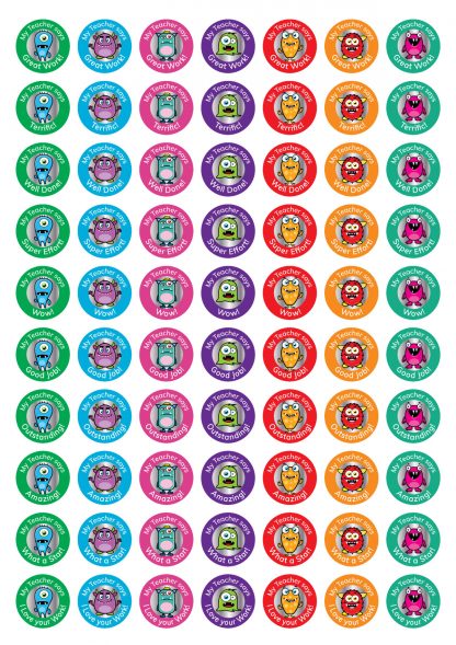 25mm Monster theme personalised foil stickers from Teacher Stickers