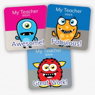 personalised square 25mm foil stickers monster theme from Teacher Stickers