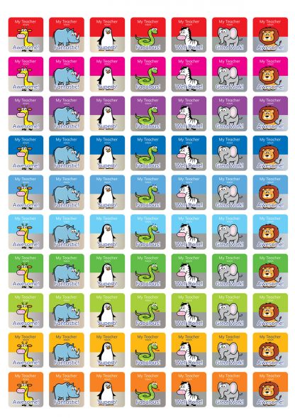 personalised square 25mm foil stickers zoo theme from Teacher Stickers