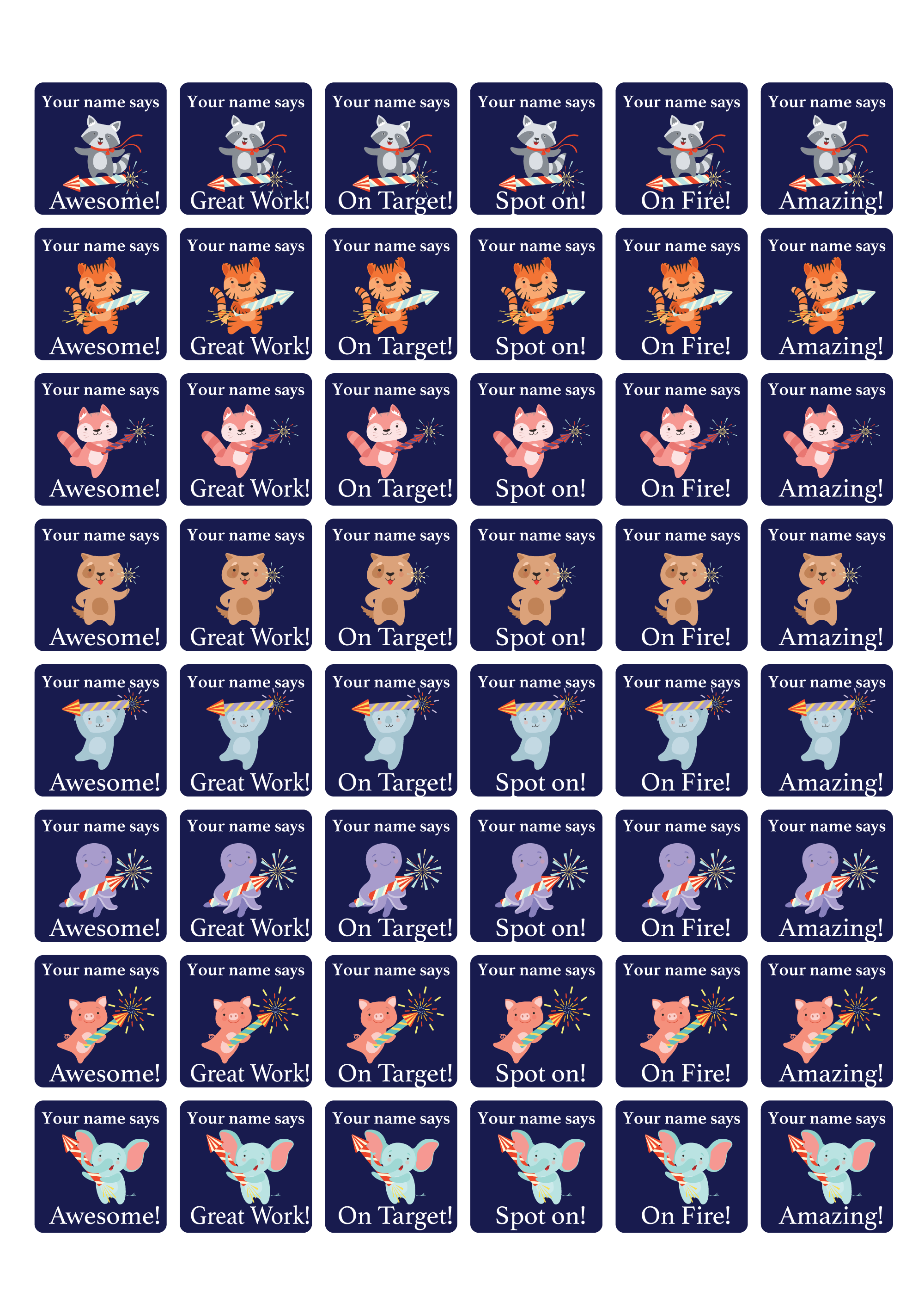 30mm Square Personalised Teacher Merit Stickers - Firework Animals - Image 2