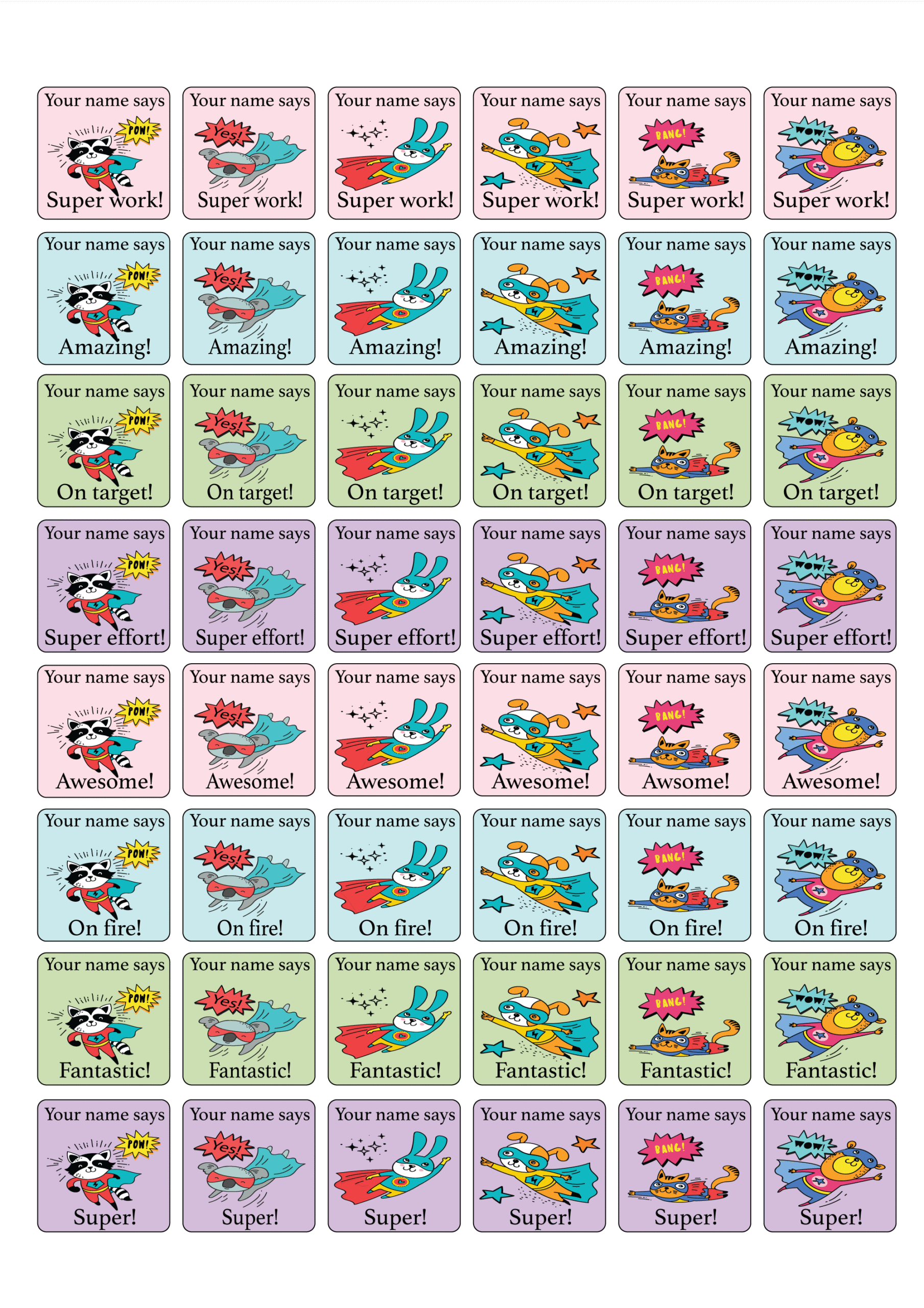 30mm Square Personalised Teacher Merit Stickers - Caped crusader animals - Image 2