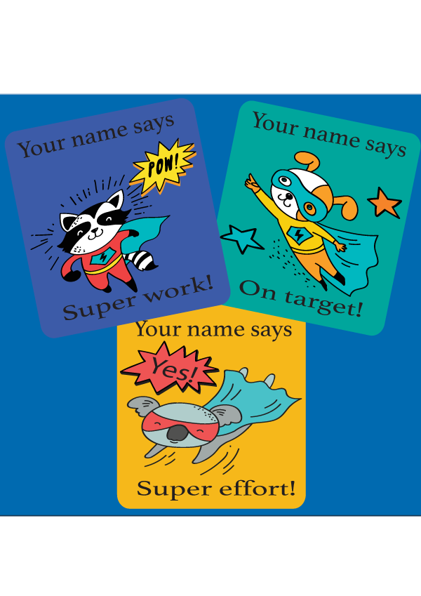 30mm Square Personalised Teacher Merit Stickers - Caped crusader animals