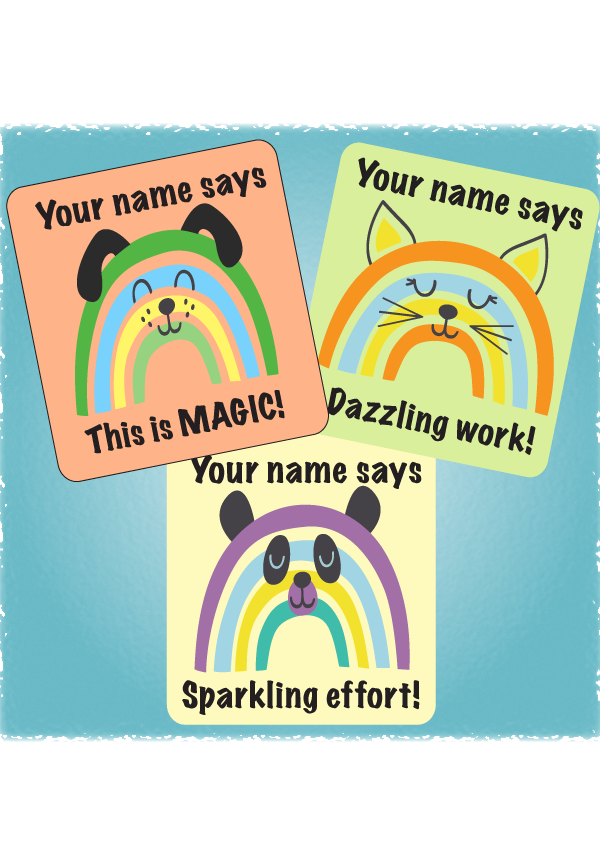 25mm Square Personalised Teacher Merit Stickers - Pastel rainbow animals