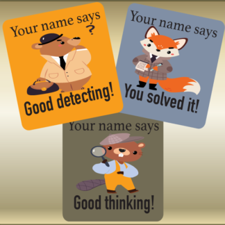 30mm Square Personalised Teacher Merit Stickers - detective animals